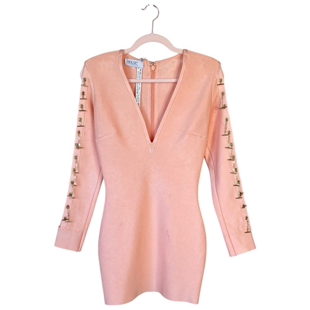 HOUSE OF CB Calliah Peach Chain Sleeve Bandage Mini Dress Size Medium NWOT